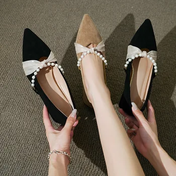 Дамски фини обувки с френски остър пръсти, елегантни ежедневни обувки на висок ток с перли, дамски модел обувки-лодка с темперамент