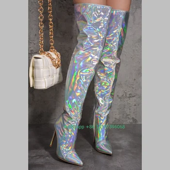 Дамски цветни дизайнерски ботфорты над коляното ярки преливащи се цветове, ботуши на висок ток, пикантни вечерни ботуши за танци, обувки размер 35-46