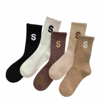 Дамски чорапи с бродерия букви S от чист памук, спортна мода и универсални панталони Shark, двойка, Безплатна доставка