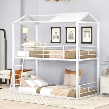Двуетажно легло Twin over Twin Метално легло с половината покрив, парапет и стълба от бял цвят