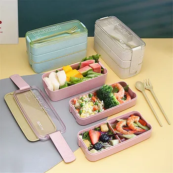 Детска кутия за Бэнто, трислоен фланец обяд-бокс за възрастни и деца, пръчици за хранене, миялна машина, микровълнова печка, сейф контейнер за обяд