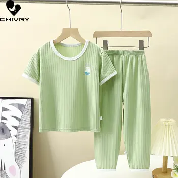 Детска лятна тънка мека пижама, новост 2023 г., однотонная тениска с къс ръкав за момчета и момичета, върхове с штанами, детски ежедневни облекла за сън, Облекло за почивка
