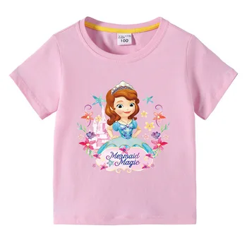 Детска тениска Disney Princess София, блузи за момичета с анимационни принтом, дрехи с къси ръкави за годишни деца, ежедневни модни дрехи
