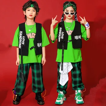Детски зелени свободни топове, изпъстрен панталони, дрехи в стил хип-хоп за момичета, костюми за джаз танци, облекла в стил хип-хоп за момчета, градинска облекло DQS12813
