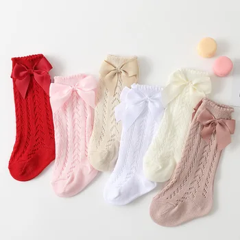 Детски чорапи като рибарска мрежа с лък за момичета в кралския стил до коляното.Детски Чорапи с бантиком в една тръба за деца.Детски кухи чорап Сокс от 0 до 4 години