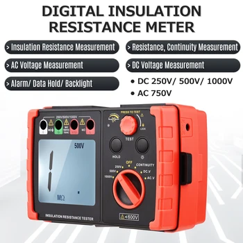 Дигитален Тестер на съпротивление на изолация с LCD подсветка 250V DC/500V/ 1000V AC 750V Многофункционален Измерване на Съпротивление на изолация
