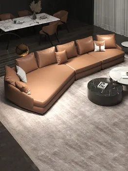Дизайнерски дугообразный кожен диван оранжев цвят, луксозна висококачествена минималистичная хол, модерен ъглов кожен диван специална форма