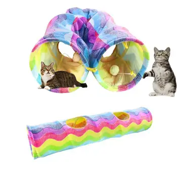 Дълга права плюшен играчка-тунел YUZI Котка с лъжичка, Gatefold Устойчив на надраскване тунел убежище, стоки за домашни любимци (Дъгова вълна)