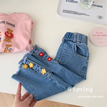 Дънки за момичета, дънкови облекла от 0 до 6 години, пролетни бебешки ежедневни разкроена панталони с цветя модел за момичета