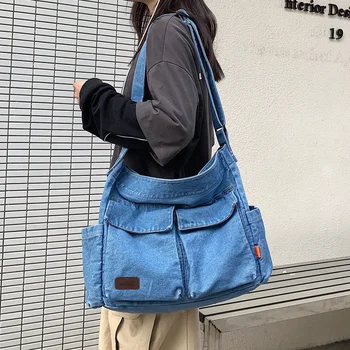 Дънкови чанта 2023, нова лятна корея проста квадратна 100% памук, однотонная с цип, Мека Ежедневна чанта през рамо с голям капацитет, лесна чанта