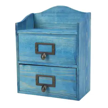 Дървена органайзер за грим, wooden козметични органайзер, синьо ретро дизайн за бижута
