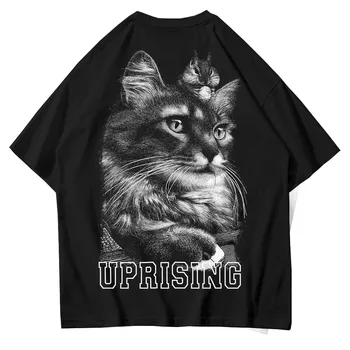 ЕСЕНЕН пуловер памук UPRISING в стил хип-хоп, apanese Harajuku КОТКА, мъжка Забавна котка, Японски канджи фигура