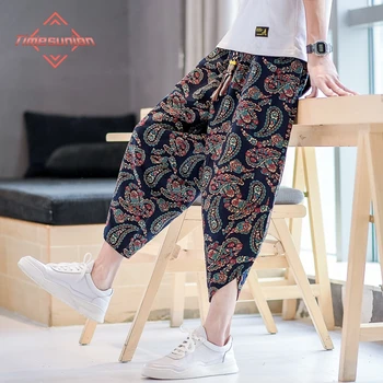 Ежедневни памучни ленени панталони с принтом в китайски стил за мъже, летни стръмни удобни свободни женски зреещи голям размер