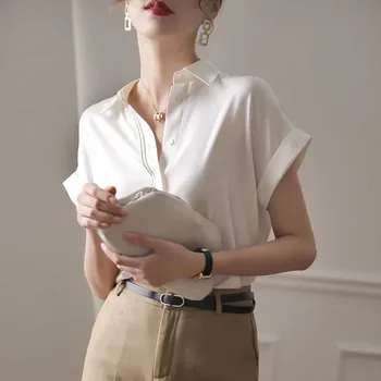Елегантна бяла риза коприна, пролетен дамски однобортная ежедневна блуза с ревера на есенните дамски ризи с дълъг ръкав, лесен топ