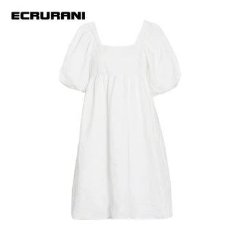 Елегантни бели рокли ECRURANI за жени с квадратна яка и пищните ръкави с висока талия, обикновена ежедневни мини рокли за жени 2021 Лято