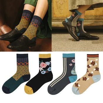 Есенно-зимни новости, серия Sen, дамски чорапи от памук и лен в стил ретро със средна тръба, серия с растителна рисувани, модни чорапи