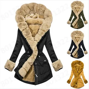 Есенно-зимно дамско палто 2023 с топъл вълнен шал яка и качулка, ветровка, палто