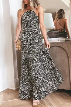 Жена Лятно плажно къса рокля Макси с леопардовым деколте на спагети презрамки и завязками на гърба
