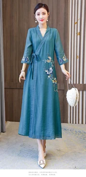 Жена свободното си лятна рокля с бродерия в китайски стил, V-образно деколте, нов дизайн във френски стил, ретро-чаено рокля