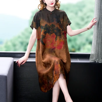 Женствена Рокля Миди от Естествена коприна с цветен модел, къс ръкав, Лятото на корейското Винтажное ежедневното вечерна рокля 2023, Елегантен Свободен нощно рокля Wasit