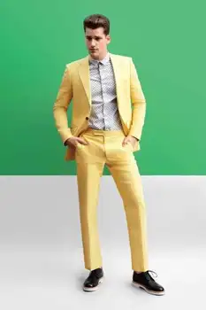 Жълти мъжки костюми с изрезки на лацканах Custome Homme 2017 Г., Последният дизайн, Модерен мъжки костюм Terno Slim Fit, Хубаво сако (яке + панталон)