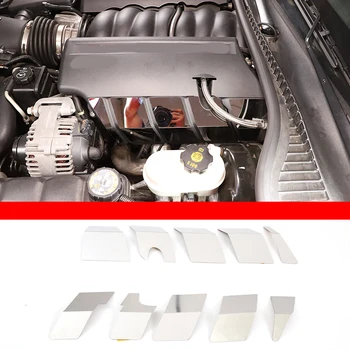 За Chevrolet Corvette C6 2005-2013 сребрист капак на двигателя на колата от неръждаема стомана с две странични накладки, етикети с пайети, автомобилни аксесоари