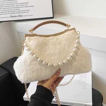 Зимна плюшен дамска чанта, модерна чанта с перлената на веригата, ретро мини чанта през рамо, жените луксозна вечерна дамска чанта, чанта за чанта
