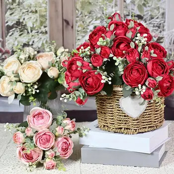 Изкуствени Цветя, рози Никога не избледнява Букет на булката Реалистична домашно парти Фалшиви атрактивни изкуствени рози Сватбена доставка