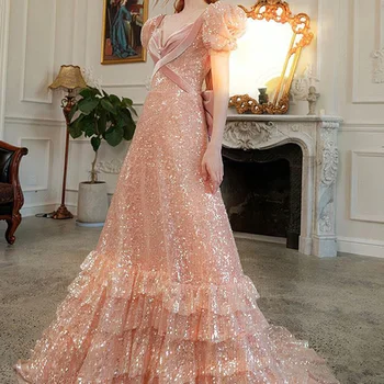 Иллюзионное Розова сватбена рокля с къси ръкави за младоженци, бална рокля, рокля за бала, лък с дължина до пода, придворное банкет рокля знаменитост