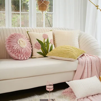 Калъфка за възглавница с бродерия тюльпаном 45x45 см, романтичен розов Бял памук калъф за възглавници от коноп, декоративен калъф за дивана, на леглото в спалнята, калъфки за възглавници