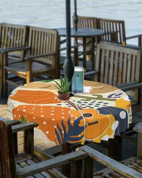 Каубойски пустинен кактус, Китара, Артистична градинска покривка с дупка за чадър, Водоустойчив капак за кръгла маса за пикник и във вътрешния двор