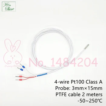Клас A RTD Pt100 От -50 ° C до + 250 °C 3 мм * 15 мм 4-Проводный PTFE-кабел 2 м точност ръководят Мини-Термозонд Pt 100