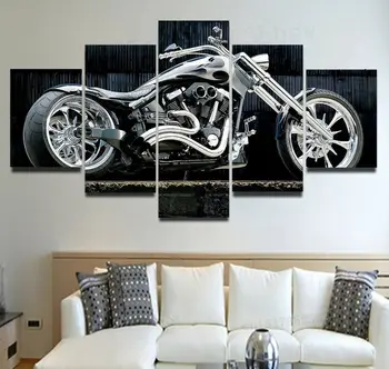 Класически Ретро мотоциклет, 5 части, печат върху платно, монтиран на стената художествен плакат, декорация на дома, 5 панели, HD Печат, начало Декор, Картини за декор на стаята