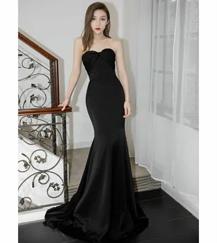 Класически дълги черни кадифени вечерни рокли в стил сладка русалка, плиссированное вечерна рокля с влак и цип отзад за жени