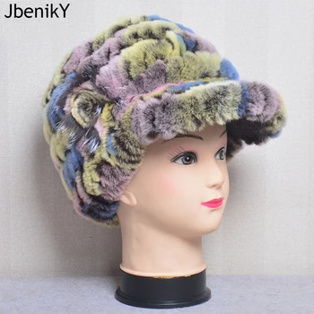 Кожени шапки за жени, зимна шапка от естествена заек Рекс, вязаная дамска шапка от кожа чернобурки, топли снежните шапки, дамски елегантни шапки принцеса