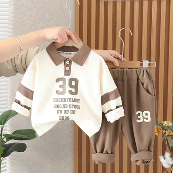 Комплект Дрехи за Малки момчета, Пролетно-есенни Тениски за почивка с отложным яка в корейски стил с цифрово принтом, Блузи и Панталони, Бебешки Дрехи За Бебета
