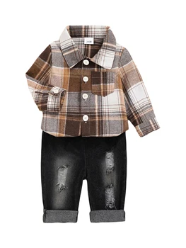 Комплект Дрехи за най-малките момчета в клетката, риза с дълъг ръкав и копчета, с ревери, топ, скъсани дънкови панталони, ежедневни облекла от 2 теми