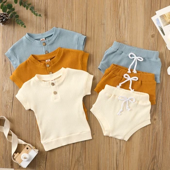 Комплект Дрехи от 2 теми за малките момчета и момичета, летни ежедневни блузи с къс ръкав в рубчик и бутони + Шорти, дрехи за новородени