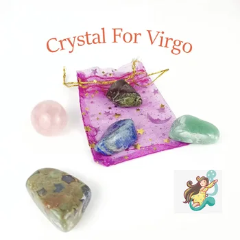 Комплект от 5 камъни с кристали на Зодиака, подарък Знака на Зодия Дева, 12 Съзвездия Попечител, Лечебен скъпоценен Камък за Медитация, фън шуй