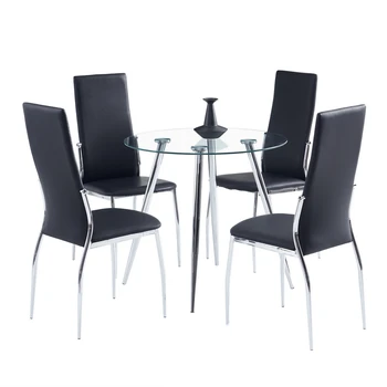 Комплект от столове за маса за хранене включва 1 Двуслойни Квадратен трапезна маса от закалено стъкло + 4 Прости Плоски места за хранене на стол от Изкуствена кожа Черен на цвят [US-W]