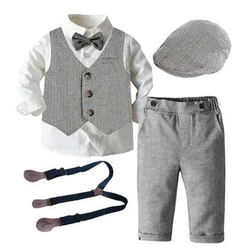 Комплекти дрехи за малки момчета, дрехи за новородени момчета, блузи с дълги ръкави + жилетка + шапка + гащеризон, 4 бр., есенна детски дрехи Bebes