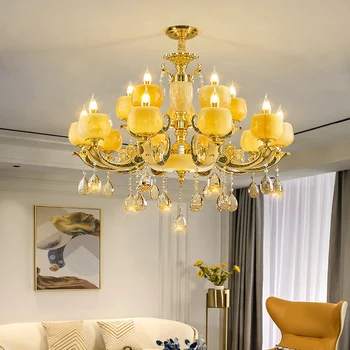 Кристален полилей от нефрит в европейски стил, трапезария, лампа за спални, луксозна окачена лампа от мрамор за хола и фенер
