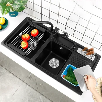 Кухненска мивка от кварцов камък с мусорным резервоар, държач за ножове, Черна мивка за измиване на зеленчуци, чаша с двойно пазом, Гранитна мивка под плот