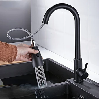 Кухненски черно кран выдвижного тип от неръждаема стомана, с двоен изход за топла и студена вода, мивка за измиване на съдове, разтегателен кран
