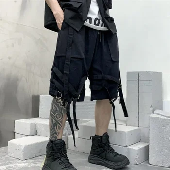 Къси панталони-карго в стил хип-хоп с панделки, лятна мъжки технологичная ежедневни облекла, къси панталони Harajuku, градинска облекло в готически стил, кратък Homme