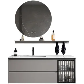 Лесен Луксозен Шкаф за баня, Комбиниран шкаф за баня, масичка за мивка, прост, модерен умен през цялата огледален шкаф