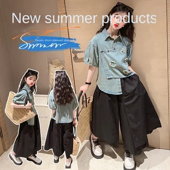 Летен комплект за момичета 2023 г., нова мода лято деним риза за по-големите деца, памучни панталони, комплект от две части