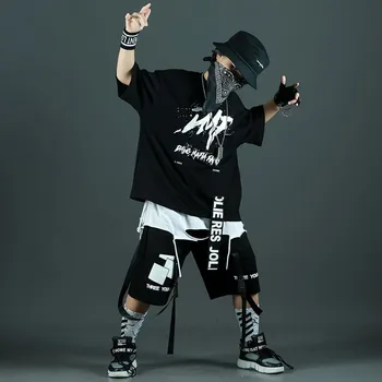 Летен костюм в стил хип-хоп за момчета, Черна тениска с къс ръкав + Шорти, Комплекти от 2 теми, Свободна спортни дрехи за тийнейджъри 4, 6, 8, 10, 12, 14 години