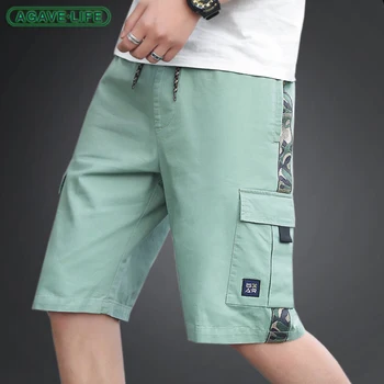 Летни ежедневни панталони, мъжки памучни панталони с дължина до коляното, свободни корейски директни тела, мъжки улични панталони с много джобове на експозиции