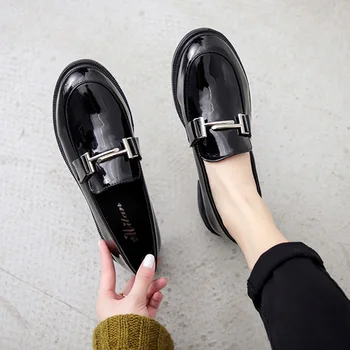 Лоферы от естествена кожа в британския японски стил с метална катарама, дамски обувки-дерби на дебелите обувки на равна подметка за момичета, малки кожени обувки за жени